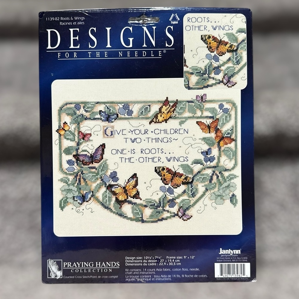 Vintage Janlynn Roots & Wings Counted Cross Stitch Kit Butterfly Floral Quote